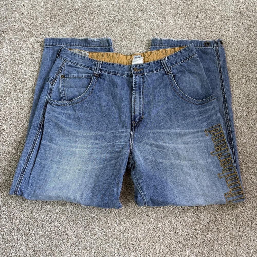 Y2K Timberland Jeans Mens 40x30 Light Wash Denim Relaxed Wide Leg Logo Casual